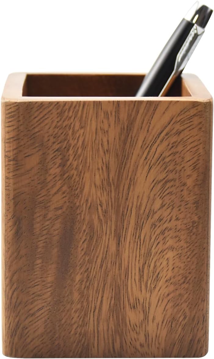 Walnut Wooden Pencil Holder Cup for Desk Natural Wood Pen Holder Stand for Office Home (Square)