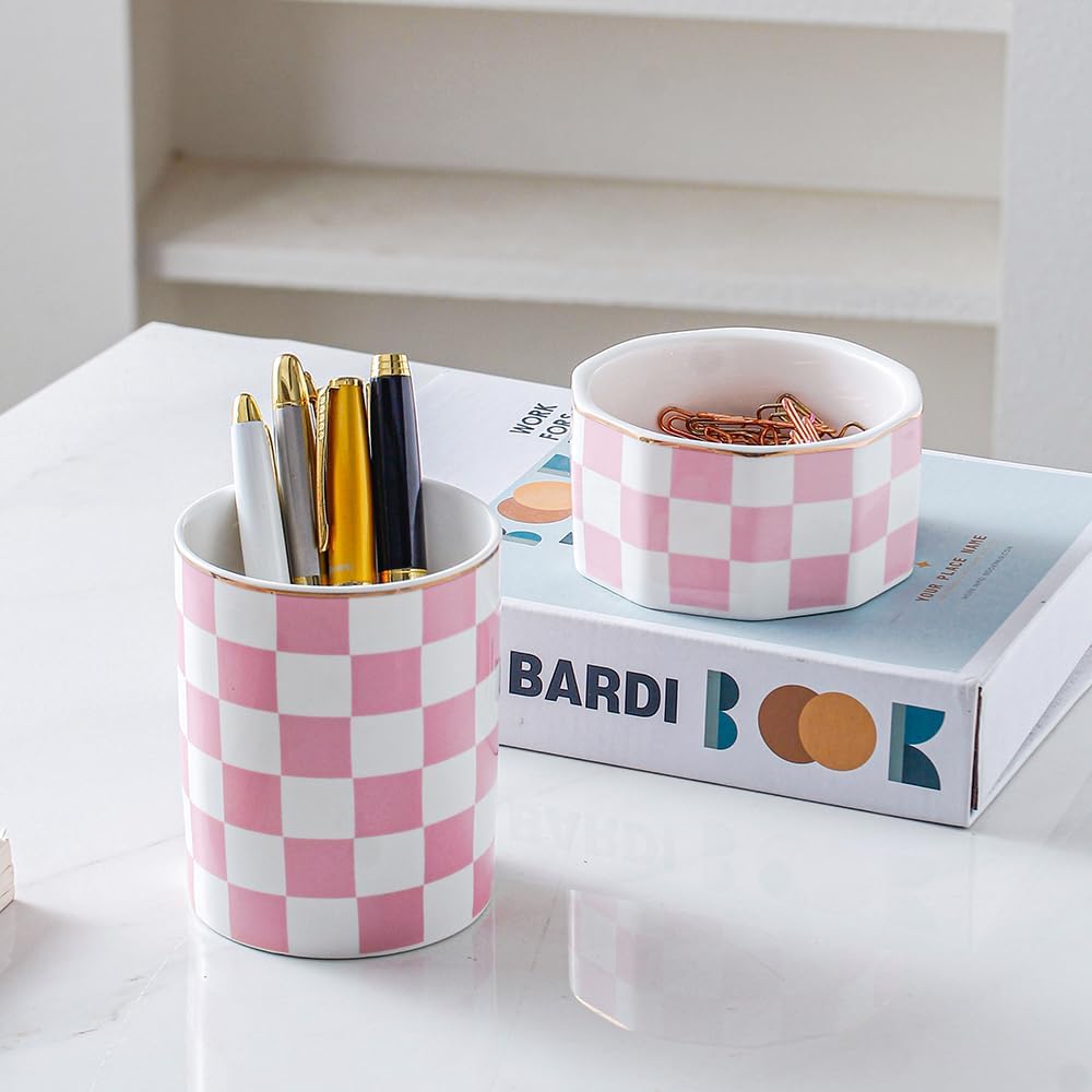Aesthetic Desk Organizer Set of 2 For Office, Checkered Pen Holder and Paper Clip Holder Dispenser, Ceramic Cute Pencil Cup, Desktop Accessories, Office Decor, Ideal Gifts for Mom (Pink-White)