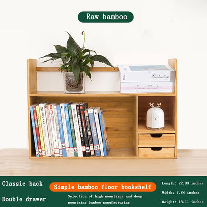 Bamboo Desktop Bookshelf – Small Bookshelf for Desk with Drawers, Double Layer Display Shelf & Desk Hutch Organizer for Office, Dorm & Computer Desk (22.8"x7.5"x18.1")