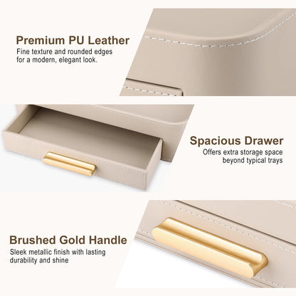 GORESE PU Leather Valet Tray with Drawer, Nightstand Organizer Catch All Tray for Jewelry Perfume Purse Trinket Key Holder, EDC Trays for Desk Vanity Entryway Table, Gift for Women Men, Cream White