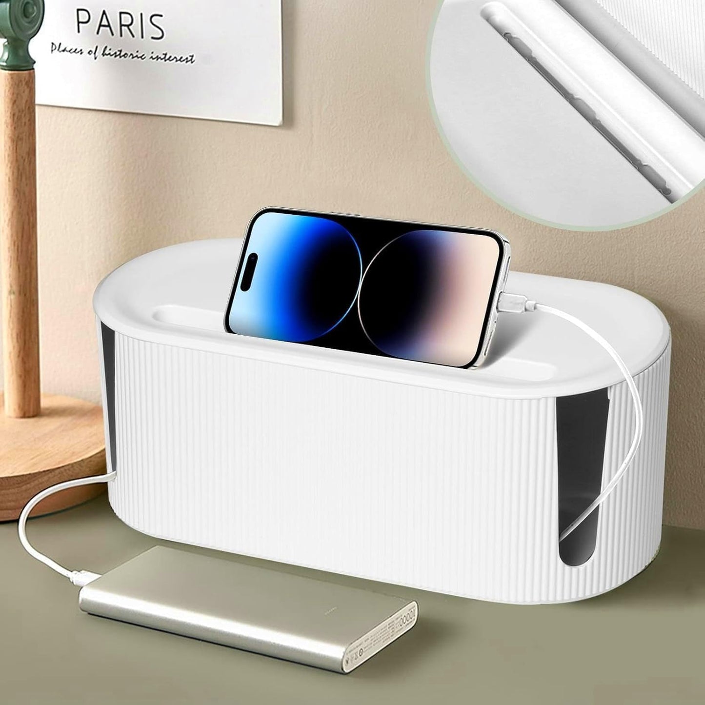 Cable Management Box,Desk Cord Organizer Box with Groove Cover,Plastic Cord Hider Box,Large Cable Box Organizer for Storaging Power Socket/TV/Computer/Router/Games Console Cable (Milk Tea)