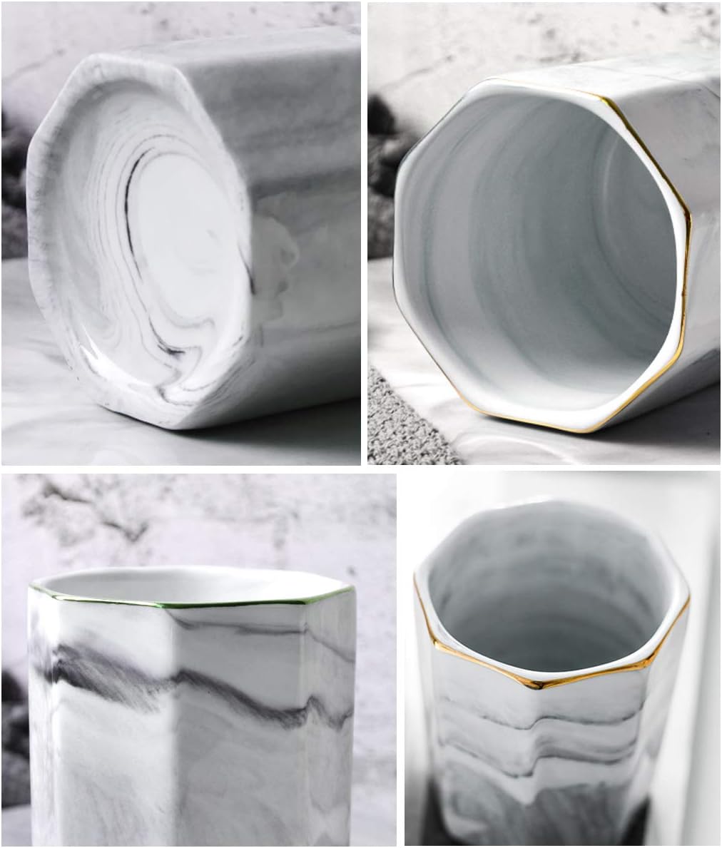 WAVEYU Ceramic Pen Holder for Desk Cute, Pencil Cup Pot Desk Organizer, Makeup Brush Holder for Women, Men, Kids, Desk Marble Decor for Office, Classroom, Home, Gray Golden