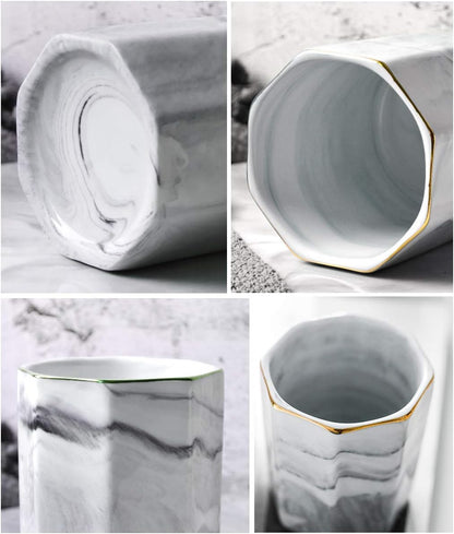 WAVEYU Ceramic Pen Holder for Desk Cute, Pencil Cup Pot Desk Organizer, Makeup Brush Holder for Women, Men, Kids, Desk Marble Decor for Office, Classroom, Home, Gray Golden