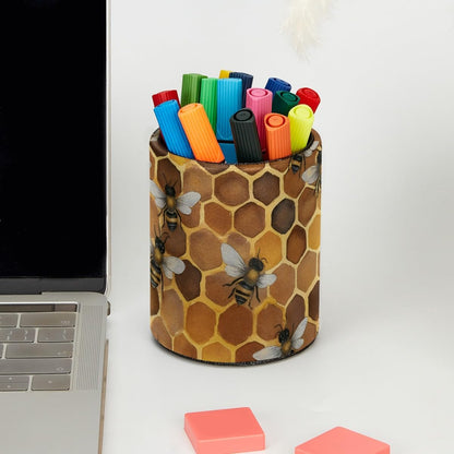 Leather Pen Holder for Desk, Love Cherry Pencil Organizer Pencil Cup Desk Decor Makeup Brush Holder Multifunctional Office Supplies for Home,Office, School