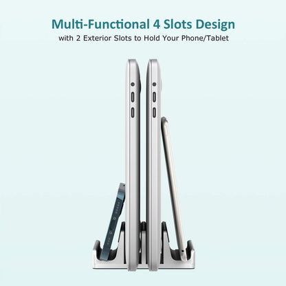 Vertical Laptop Stand - SPACEMax Adjustable GRIPLock Anti-Tip Silicone 4 Slots Aluminum Desktop Holder - Double Dock Stand - 2 Phone Slots Fits Up to 17.3” Laptops, Tablets, Phones - Black