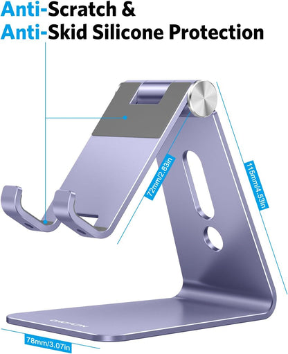 Adjustable Cell Phone Stand, OMOTON Aluminum Desktop Cellphone Stand with Anti-Slip Base and Convenient Charging Port, Fits All Smart Phones, Silver