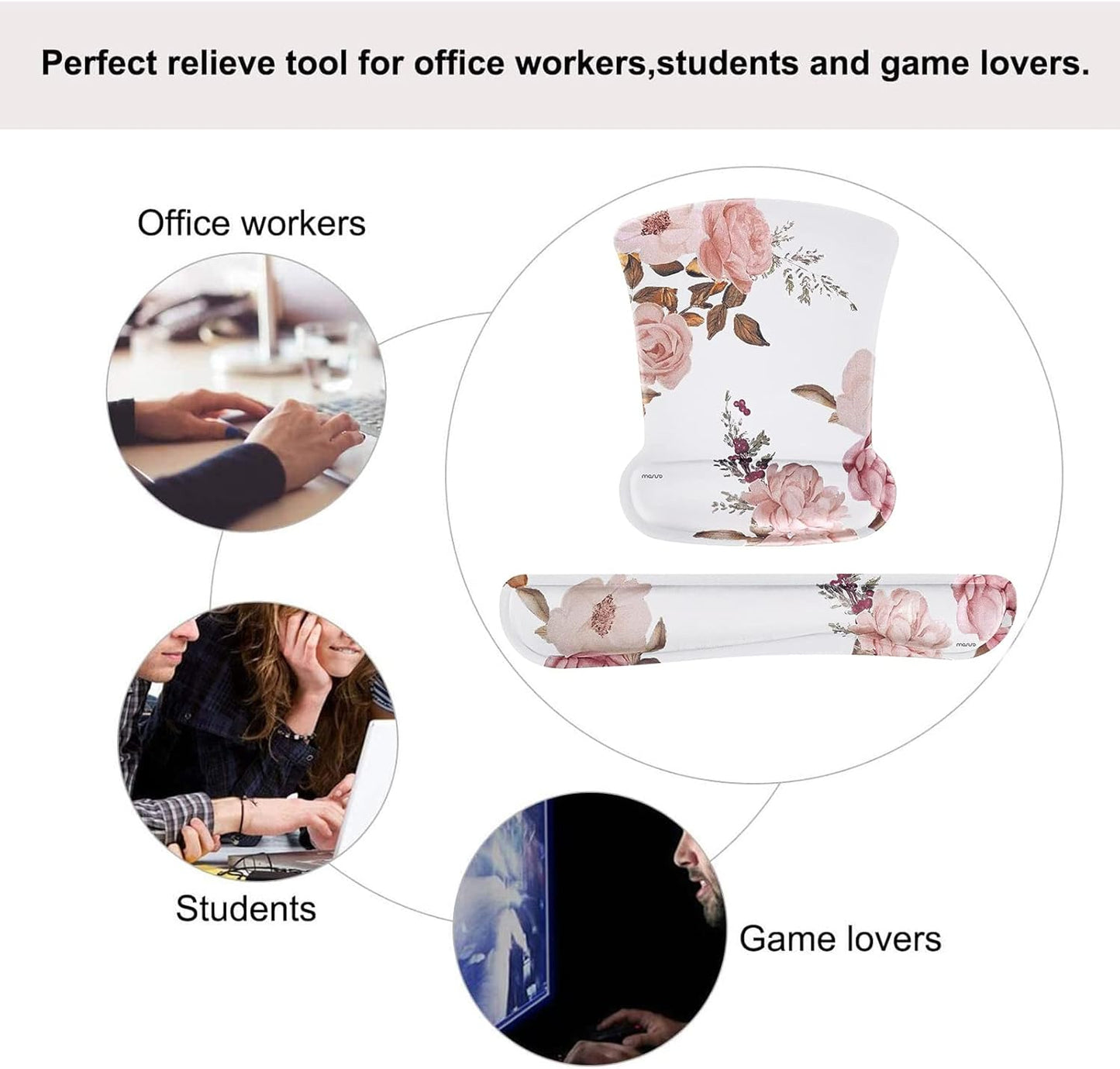 MOSISO Wrist Rest Support for Mouse Pad & Keyboard Set, Peony Ergonomic Mousepad Non-Slip Base Home/Office Pain Relief & Easy Typing Cushion with Neoprene Cloth & Raised Memory Foam, Black