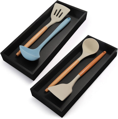 Lixple Bamboo Drawer Organizer, Cutlery Silverware Organizer for Kitchen Drawer, Stackable Utensil Organizer, 2 Pcs Flatware Organizer for Drawer, Wooden Storage Box Tray (Bamboo, 9 X 6 X 2 Inch)