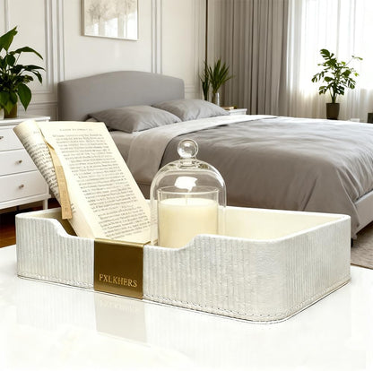 Valet Tray Nightstand Storage Organizer - PU Leather Desktop Storage Organizer Fits Cosmetics Perfume Skincare Lipsticks for Dresser Vanity, Catchall Tray for Watch Wallet Phone Keys|Beige