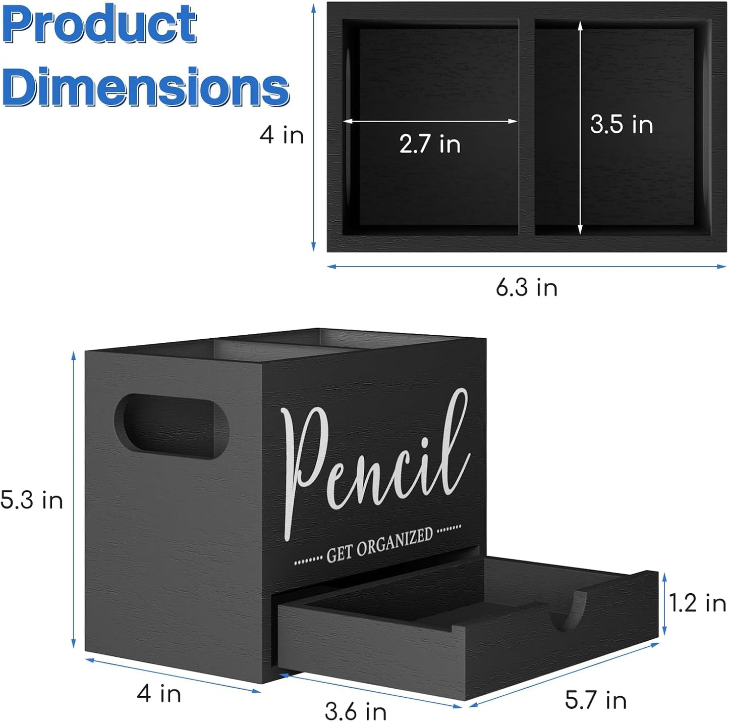 Pen Holder for Desk, Wood Pencil Organizer with Drawer, Marker Holder with 2 Compartments, Pencil Cup for Home, Office, Classroom, Teacher Supplies (White)
