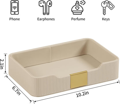 Valet Tray Desktop Storage Organizer, PU Leather Catchall Bedside Vanity Tray with Brass Accents Block Nightstand Organizer for Keys Watch Wallet Phone, Decorative Nightstand Storage (Green)