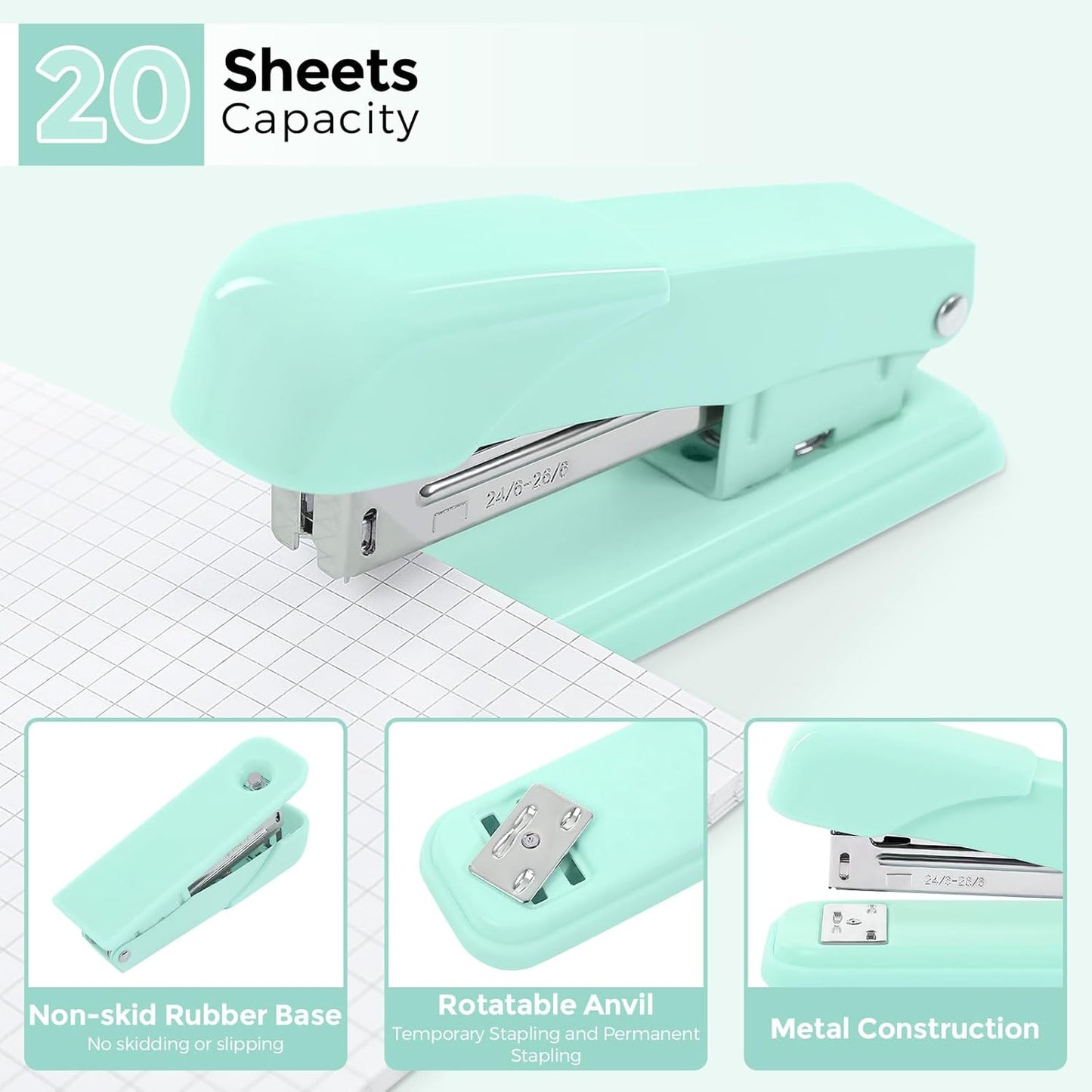 SKYDUE Pink Desk Accessories 10Pcs, Rotating Pen Holder for Desk, Stapler, Staple Remover, Tape Dispenser,2pcs Tape Refills, Binder Paper Clips Kit, Scissor,Pink Office School Supplies