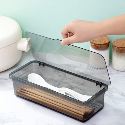 Transparent Flatware Tray Kitchen Drawer Organizer With Lid - Plastic Kitchen Cutlery Tray and Utensil Silverware Storage Container with Cover - Dinnerware Holder for Spoons Forks Knives
