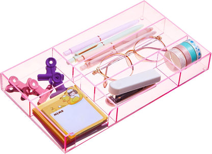 Briwooody Clear Acrylic Desk Drawer Organizer 11 x 6.1 x 1.38 Inch Storage Tray Organizer for Pens, Stationery, Desktop, Office, Bathroom, Kitchen, Makeup Supplies (6 Compartments)