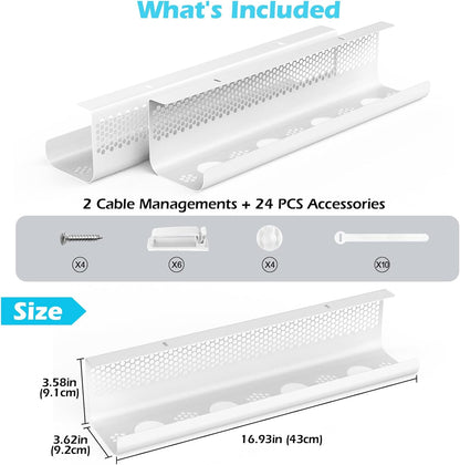 KHAMAL Cable Management Under Desk 26PCS - Cable Management Tray Kit Ventilated Hexagonal Design with Cable Clips, Wire Ties, Cord Holder & Screws for Office, Home - 2 White Sets