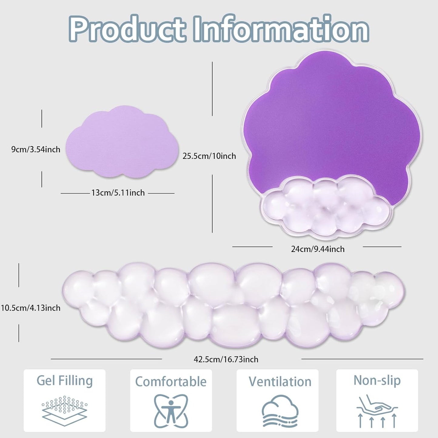 Gel Wrist Rest and Cloud Mouse Pad Support for Keyboard and Mouse - Ergonomic Pink Keyboard Wrist Pad Set for Typing Pain Relief/Computer/Laptop/Gaming/Home/Office (Cloud Shape, Gradient Blue Pink)