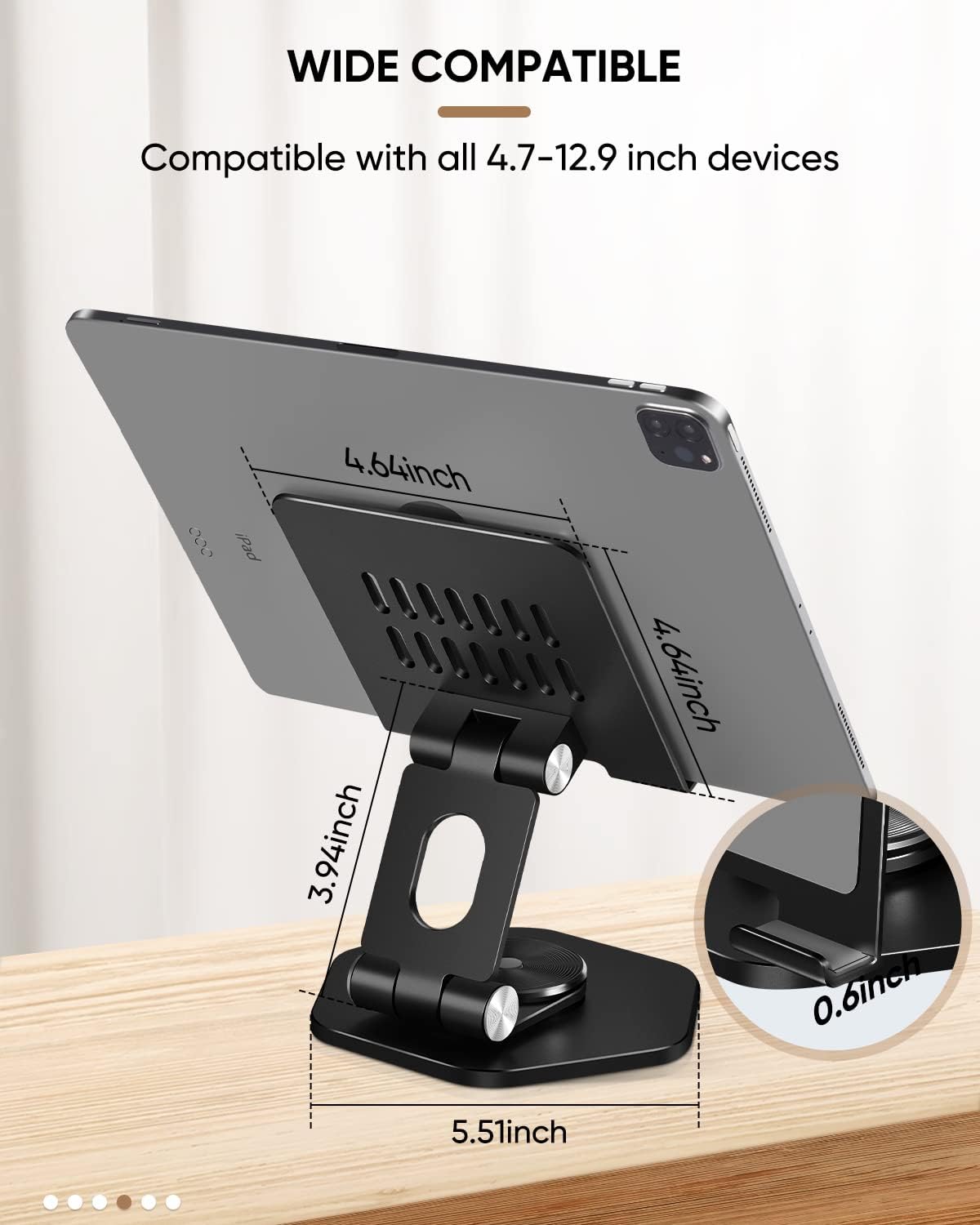 Aluminum Tablet Stand for Desk, 360° Swivel iPad & Tablet Holder – Thickened Material & Foldable Desktop Mount for 5–12.9in Devices, Black