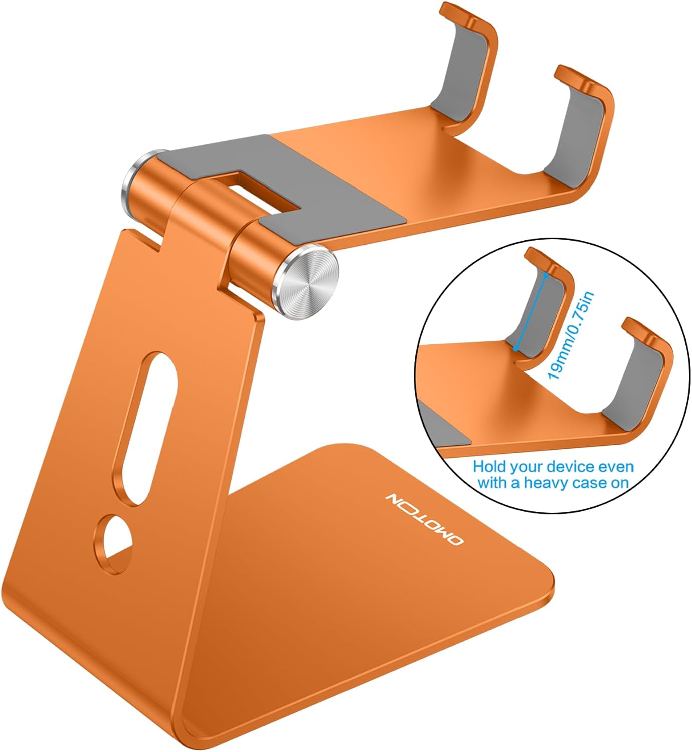 Adjustable Cell Phone Stand, OMOTON Aluminum Desktop Cellphone Stand with Anti-Slip Base and Convenient Charging Port, Fits All Smart Phones, Silver
