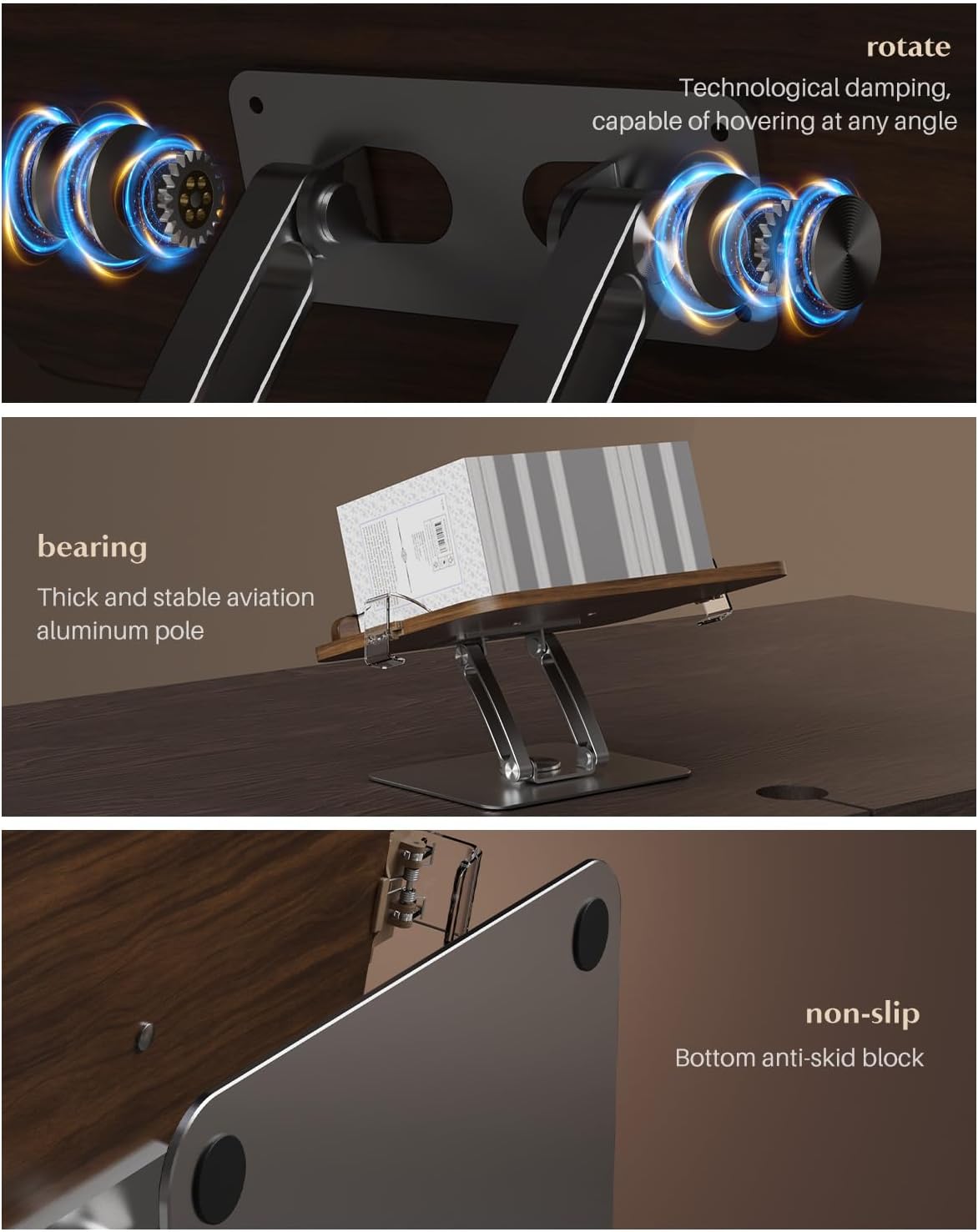Book Stands for Reading,Adjustable Book Holder with 360° Rotating Metal Base,Foldable Cookbook Stand, Reading Hands Free with ABS Expandable Page Clips for Recipe,Textbook,Laptop