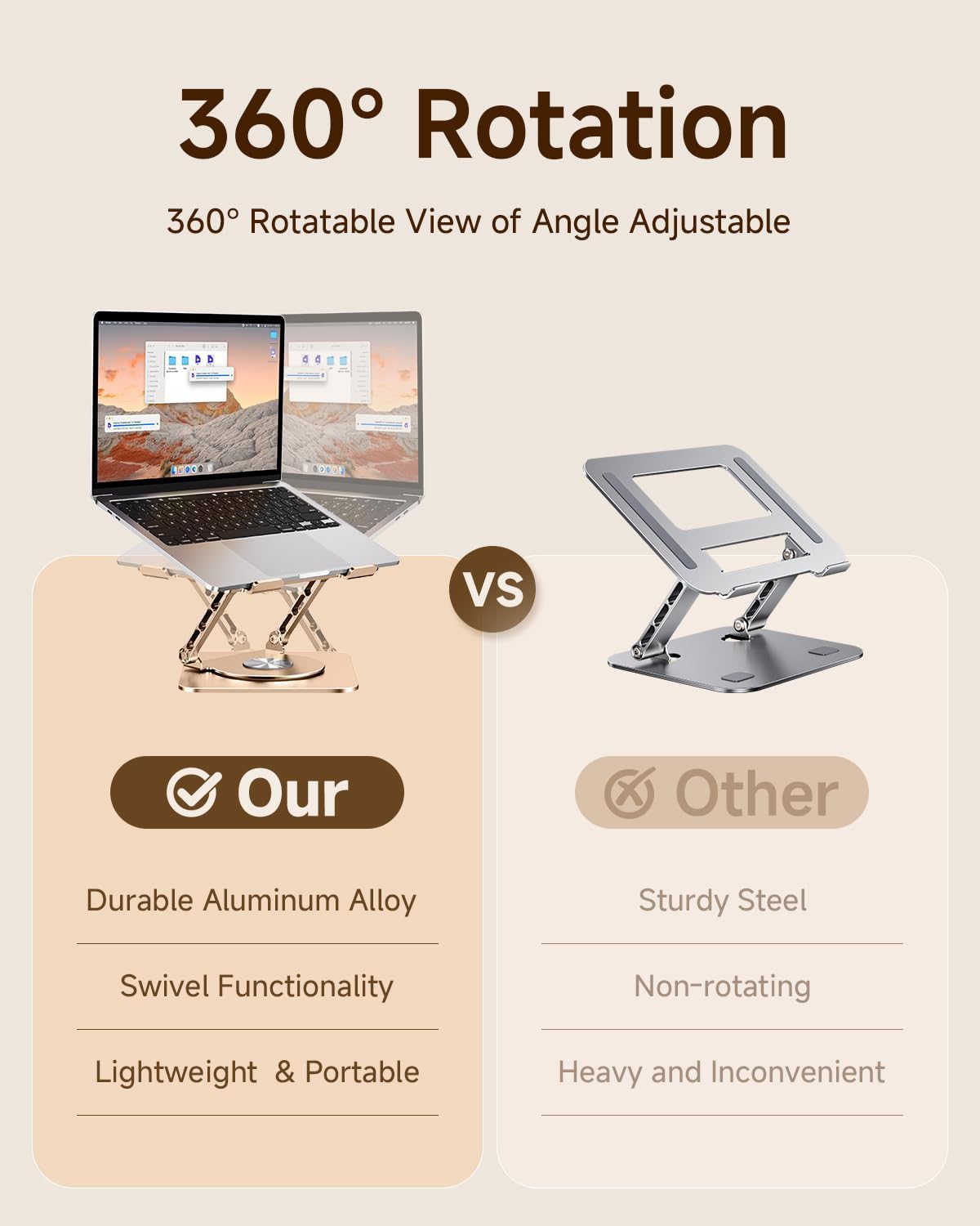 MCHOSE Laptop Stand for Desk, Ergonomic Laptop Riser with 360° Rotating Base, Foldable Notebook Computer Holder Stand Compatible with MacBook Air Pro, Dell XPS, More 10-15" Laptops, Gold
