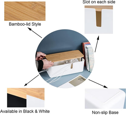 Changsuo Cable Management Box with Bamboo Lid Small Cable Organizer Box for Extension Cord Power Stripe Surge Protector Wire Management Concealer Organizer Cover Hider (Black)