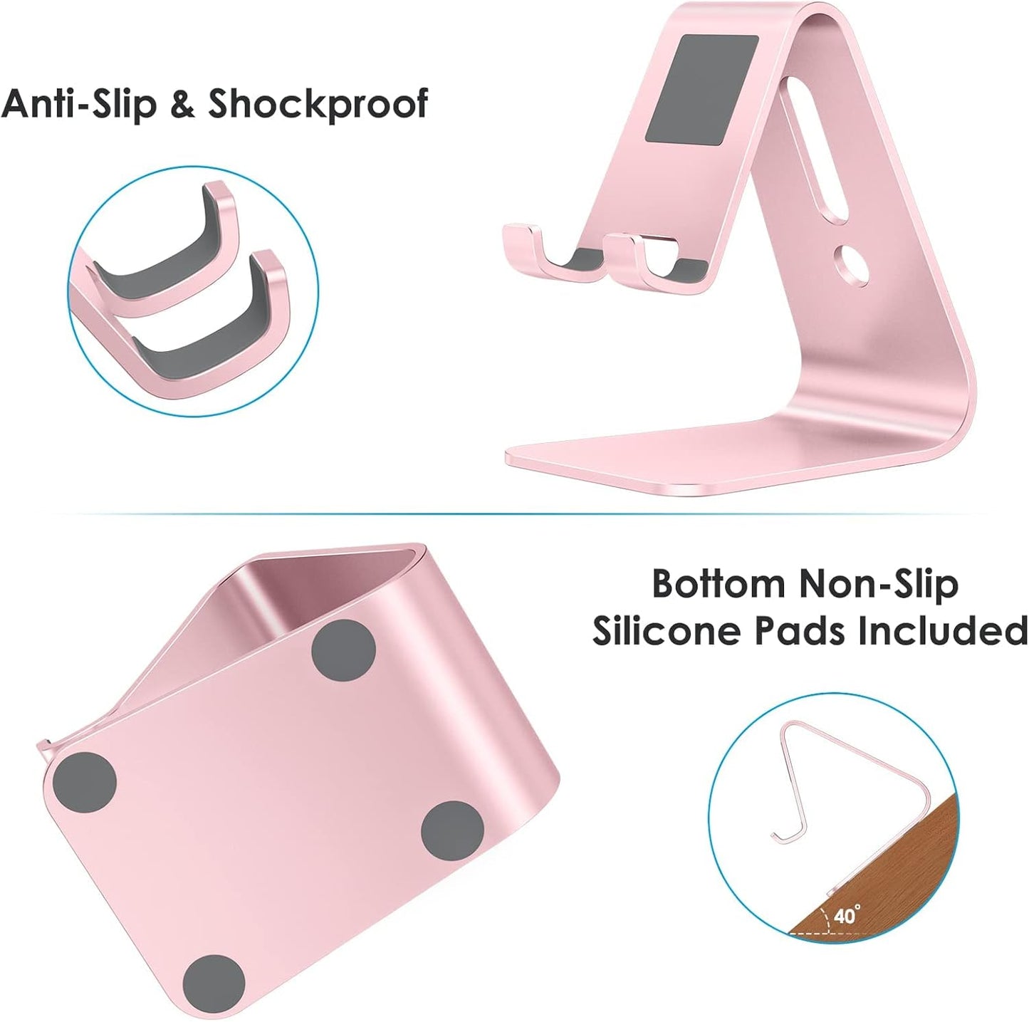 OMOTON Upgraded Aluminum Cell Phone Stand for Desk, C1 Durable Cellphone Dock with Protective Pads, Smart Stand Designed for iPhone17, 16/15/14/13 Pro Max Air, iPad mini, Android Phones,Rose Gold