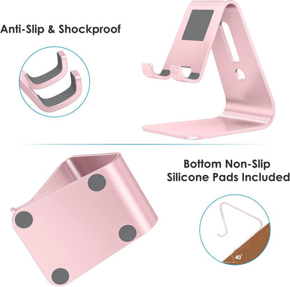 OMOTON Upgraded Aluminum Cell Phone Stand for Desk, C1 Durable Cellphone Dock with Protective Pads, Smart Stand Designed for iPhone17, 16/15/14/13 Pro Max Air, iPad mini, Android Phones,Rose Gold