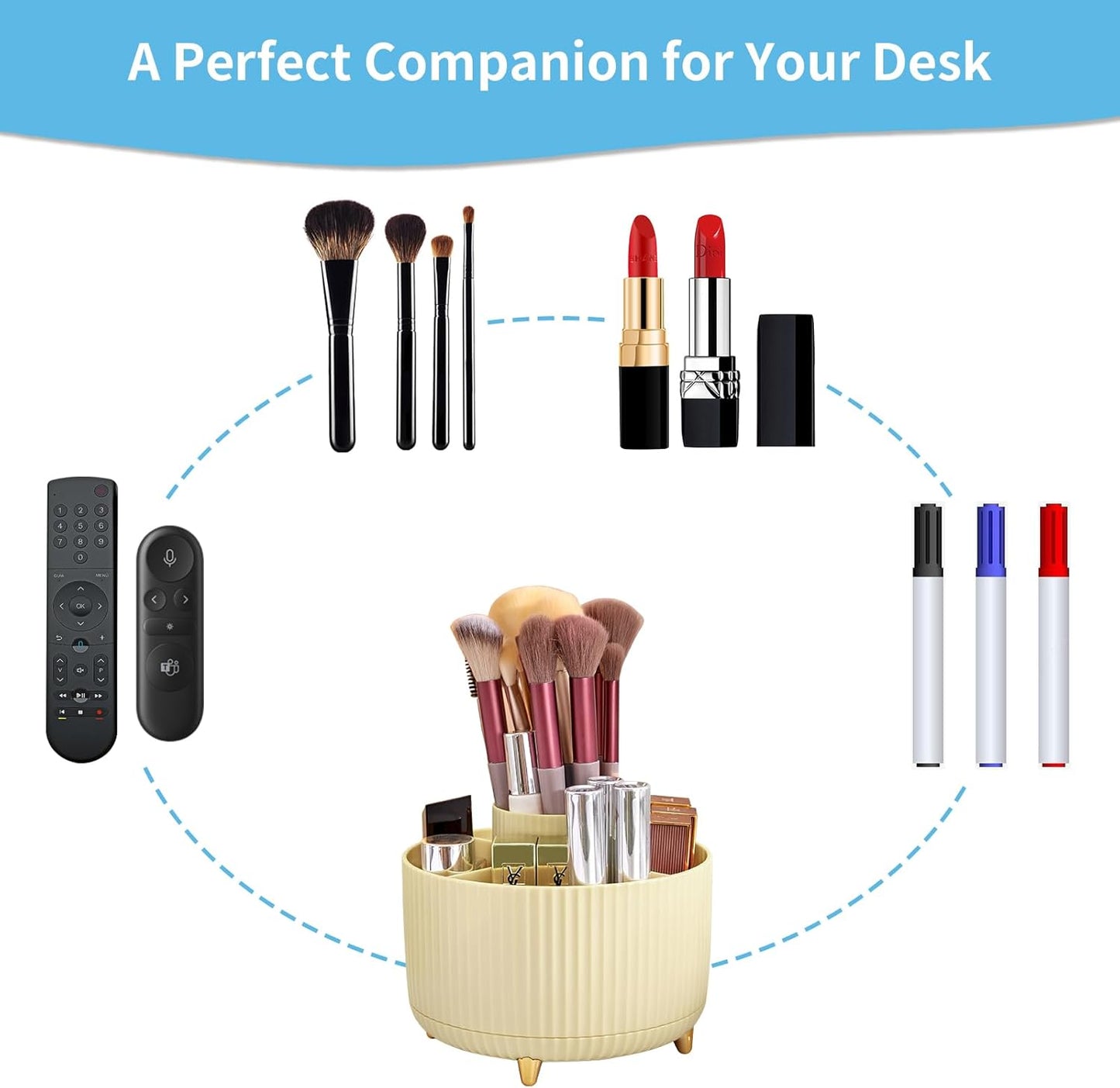 Marbrasse Desk Organizer, 360-Degree Rotating Pen Holder, Desk Organizers and Accessories with 5 Compartments Pencil Holder, Art Supply Storage Box Caddy for Office, Home（White）