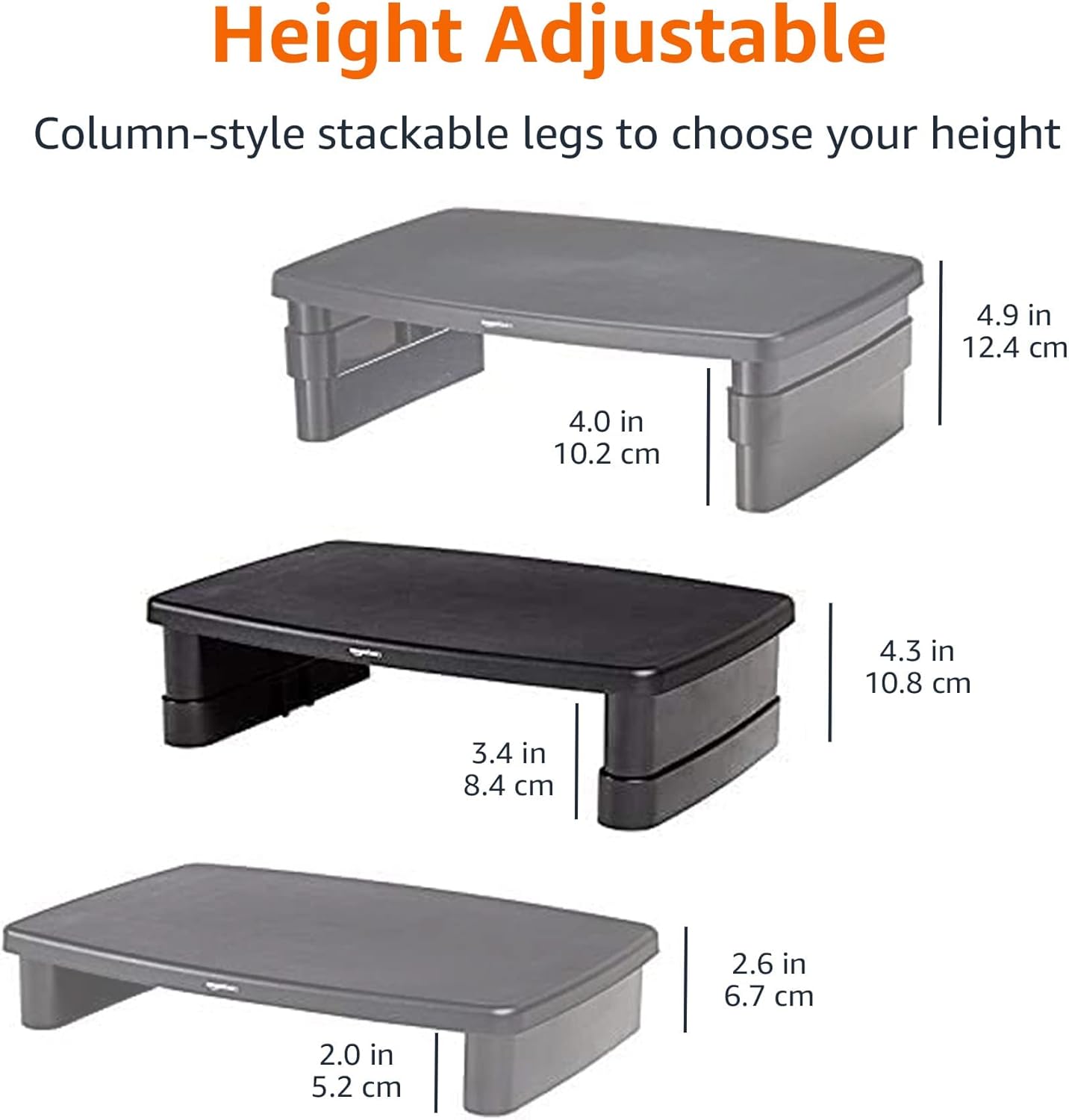 Amazon Basics Height Adjustable Monitor Stand Riser with Storage Organizer, Multifunctional Desk Accessories for Reduced Neck Strain - Fits Monitors, Laptops Up to 22lbs, Black