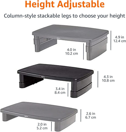 Amazon Basics Height Adjustable Monitor Stand Riser with Storage Organizer, Multifunctional Desk Accessories for Reduced Neck Strain - Fits Monitors, Laptops Up to 22lbs, Black