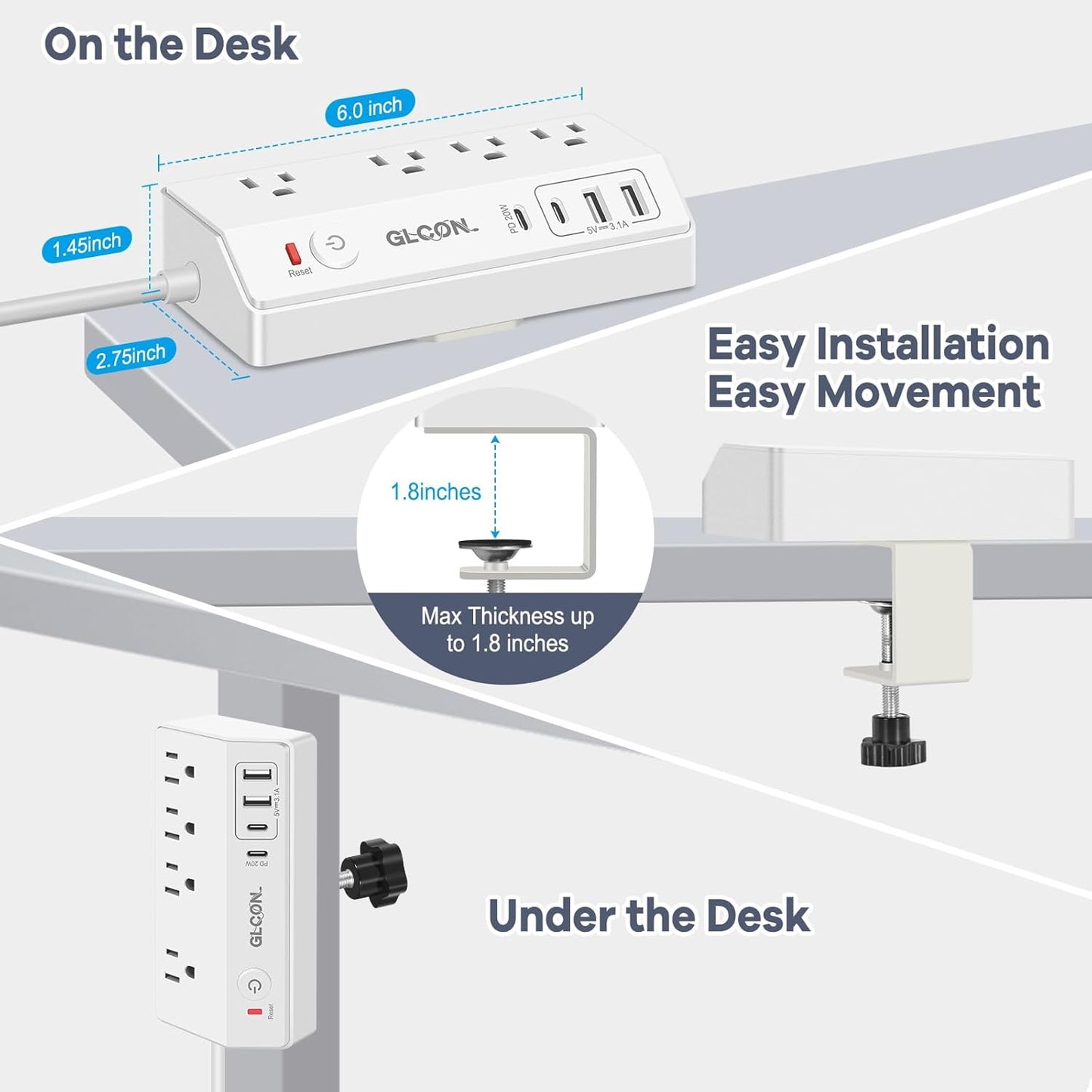 Desk Clamp Power Strip USB C - Charging Station for Multiple Devices - Multi Plug Outlet Extender - Desktop Mount Surge Protector with 4 Outlets 4 USB Ports for Phone, Tablet, Computer