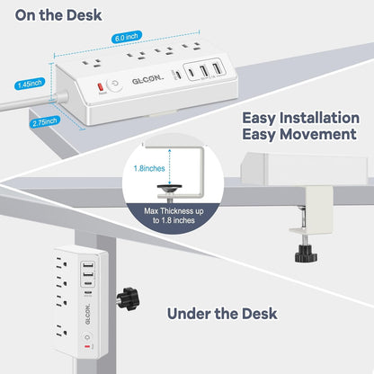 Desk Clamp Power Strip USB C - Charging Station for Multiple Devices - Multi Plug Outlet Extender - Desktop Mount Surge Protector with 4 Outlets 4 USB Ports for Phone, Tablet, Computer