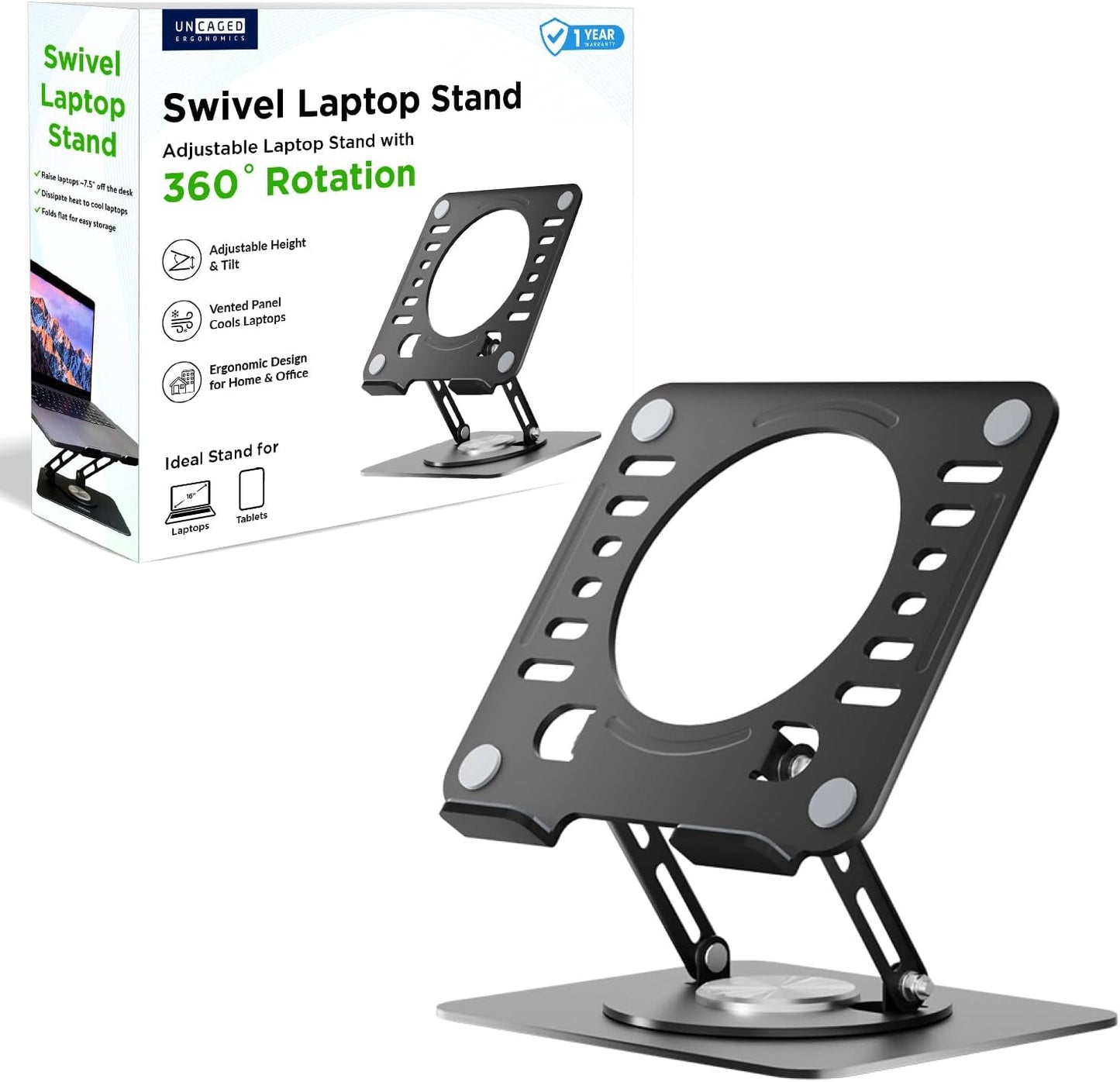 Uncaged Ergonomics Swivel Laptop Stand for Desk, Adjustable Computer iPad Stand for Desk w/ 360 Rotation, Portable Laptop Holder for Home Office Ergonomic Supplies (Black)