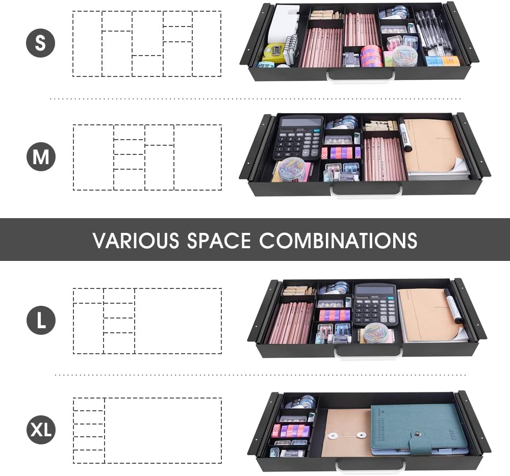 GOME Under Desk Slide out Pencil Drawer with Space Divider Design for Storing Pencil and Office Accessories, Underdesk Pull out Tray Organizer Mounted for Sit Stand Workstation