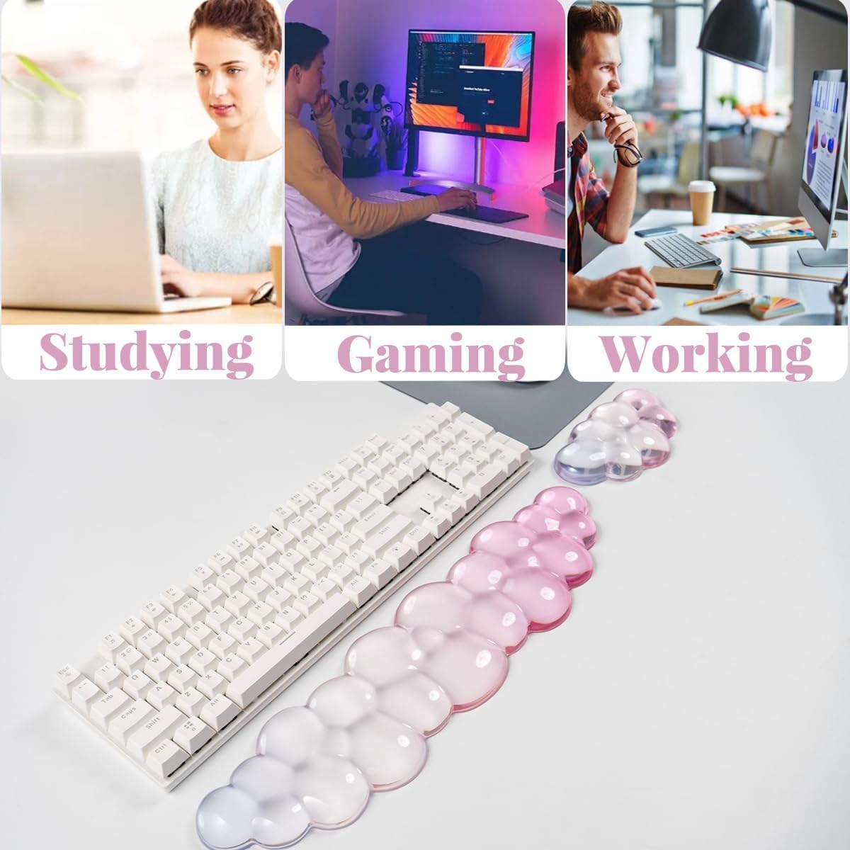 Gel Keyboard Wrist Rest Cloud Set, Clear Ergonomic Wrist Support and Arm Support Keyboard Rest for Typing Pain Relief, with Non-Slip Soft Washable Wrist Rest(Pink Blue)