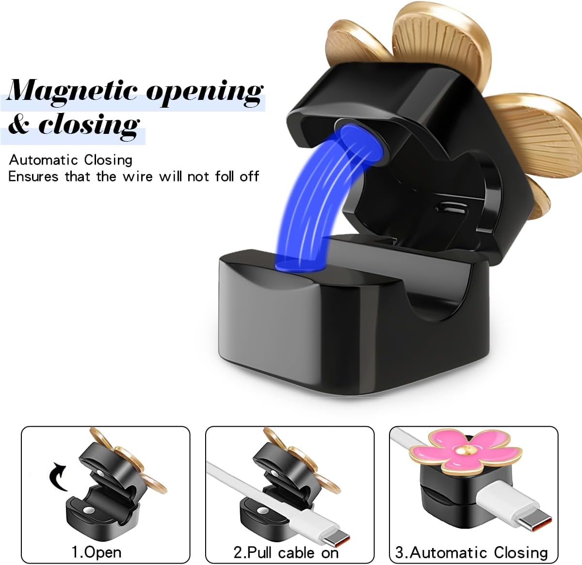 Magnetic Cord Organizer, Easy Secure Adhesive Cable Management, Wire Holder Organizer, Hide Or Organize Phone USB Charger Cable Clips for Home,Office,Car,Desk,Nightstand (White Flower-8 Pack)