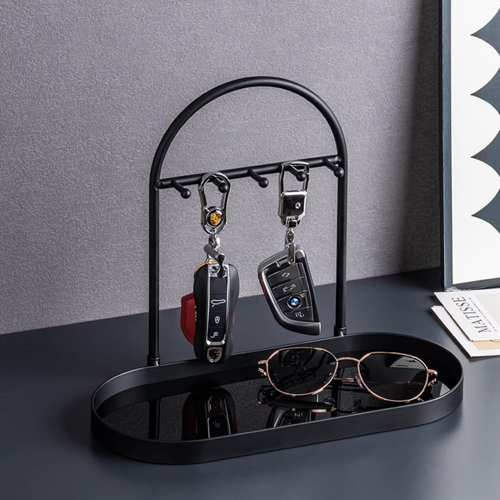 Shinpuru Metal Jewelry Organizer Stand & Key Holder Tray with Acrylic Base, Key Stand and Jewelry Tray with 5 Hooks, Perfect Key Bowl, Valet Key Tray, Ring Holder, Jewelry Dish (Silver Black)