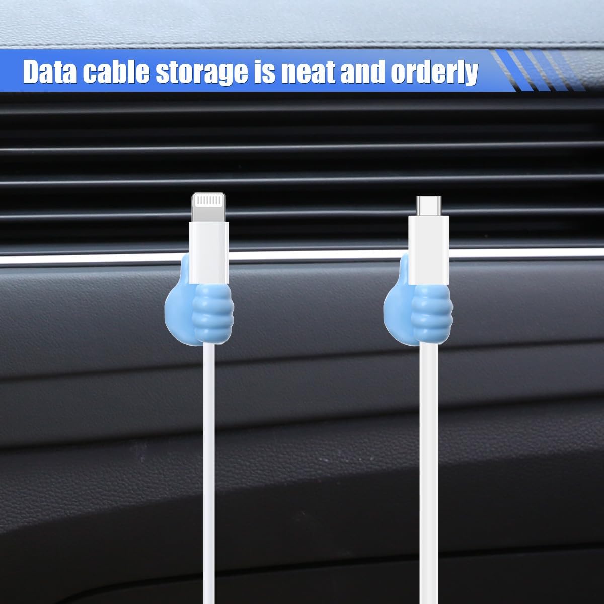 YoRise 4 PCS Mini Car Hooks, Silicone Thumb Up Cable Management, Self-Adhesive Car Key Holder, Multifunctional Wall Hanging Hook, Small Adhesive Hooks for Charging Cable Earphone (Blue)