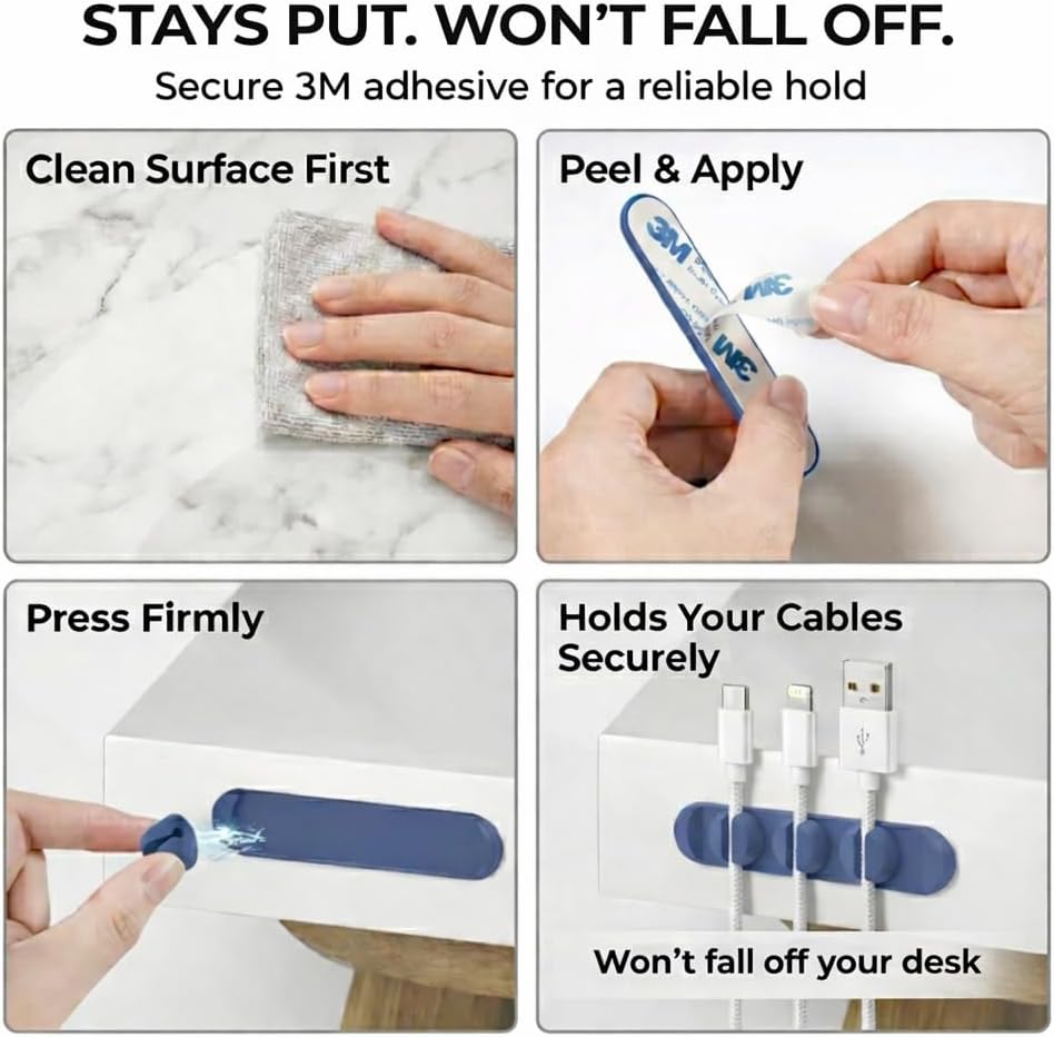 Magnetic Cable Organizer for Desk & Nightstand 3 Clip Cord Holder with One-Hand Access 3M Adhesive Cable Clips, N52 Magnetic Cord Holder for Phone, USB-C & Laptop Cables