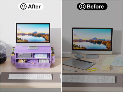 gianotter Wood Monitor Stand Riser, Office Desk Shelf Organizer, Desk Organizer with Drawer and Pen Holder, 2-Tier Computer Stand, Office Organization (Ink)