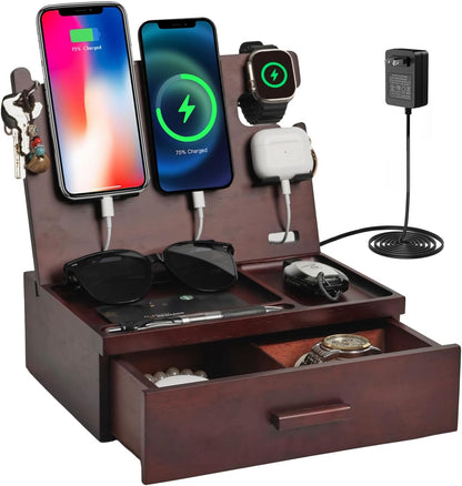 Nightstand Organizer with Drawer Built in 4 USB Charger, Wood Phone Docking Station with Dual Phone Charging Station for Apple Android Phones Anniversary Birthday Gifts for Men Dad Hunsband Mom