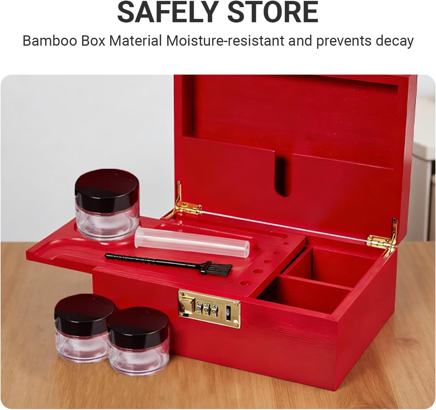 Bamboo Wood Desktop Organizer with 3 Glass Jars and Sliding Tray - Red Multi-Compartment Storage Case for Craft Supplies, Stationery, and Small Accessories (Pink)