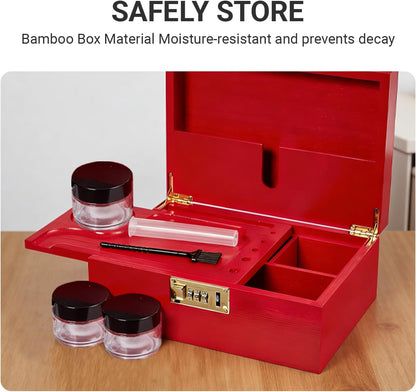 Bamboo Wood Desktop Organizer with 3 Glass Jars and Sliding Tray - Red Multi-Compartment Storage Case for Craft Supplies, Stationery, and Small Accessories (Pink)