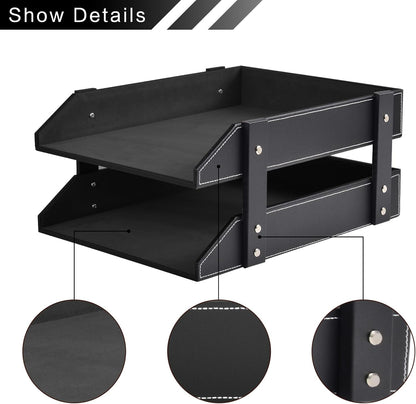 Leather Desk Organizer,2-Tier Stackable Letter Tray Holder,Office Supplies Desktop Storage Box for Document,Stationery,Magazines,Newspapers,Letters and Other Home Office Paper Sundries,Black