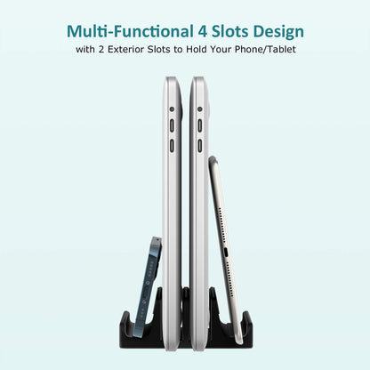 Vertical Laptop Stand - SPACEMax Adjustable GRIPLock Anti-Tip Silicone 4 Slots Aluminum Desktop Holder - Double Dock Stand - 2 Phone Slots Fits Up to 17.3” Laptops, Tablets, Phones - Black