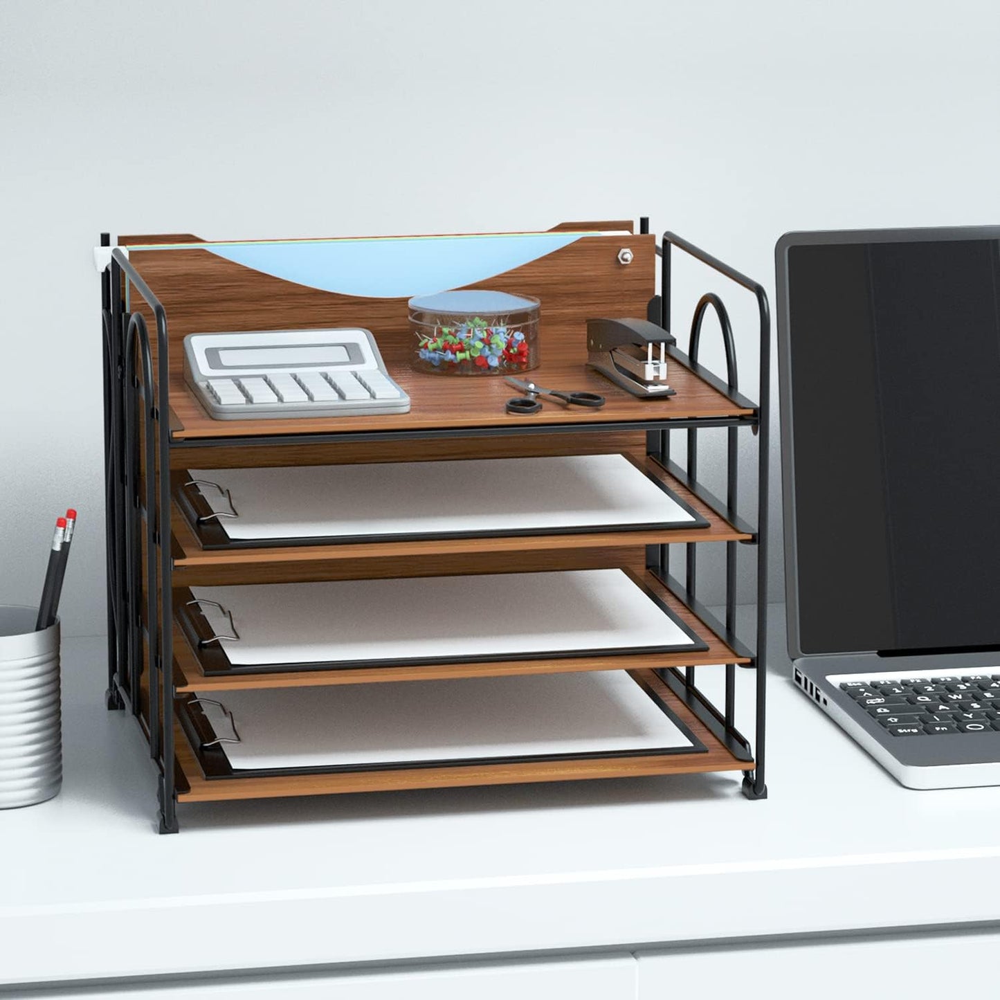 LUCYCAZ 4 Tier Paper Organizer for Desk - Wood Desk Organizer, Metal Paper Tray Organizer, File Organizer for Office Home School, Black