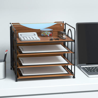 LUCYCAZ 4 Tier Paper Organizer for Desk - Wood Desk Organizer, Metal Paper Tray Organizer, File Organizer for Office Home School, Black