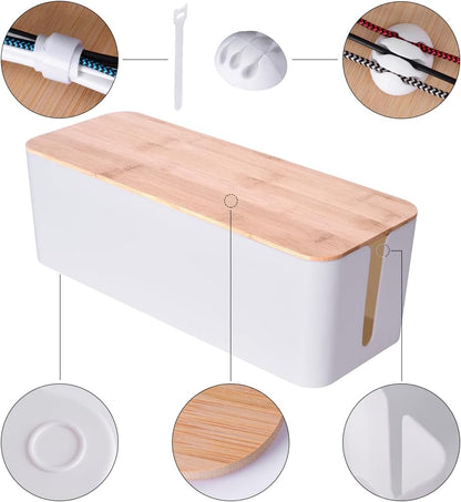 2 Pack Large Cable Management Box – Wooden Style Cord Organizer and Cover for TV Wires, Computer, Router, USB Hub and Under Desk Power Strip – Safe ABS Material and Baby-Pets Proof Lock (White)