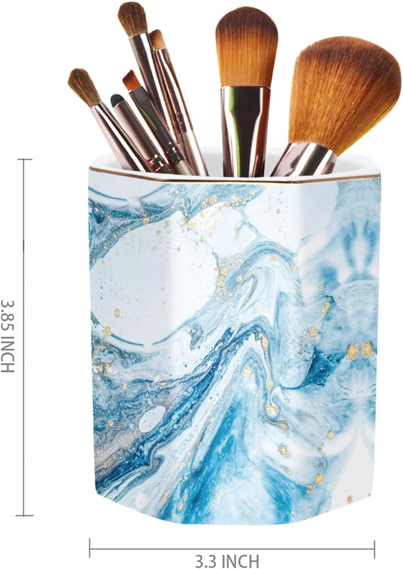 WAVEYU Ceramic Pen Holder for Desk Cute, Pencil Cup Pot Desk Organizer, Makeup Brush Holder for Women, Men, Kids, Desk Marble Decor for Office, Classroom, Home, Gray Golden