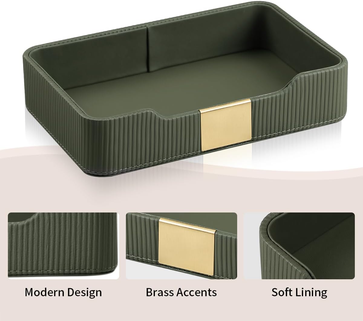 Valet Tray Desktop Storage Organizer, PU Leather Catchall Bedside Vanity Tray with Brass Accents Block Nightstand Organizer for Keys Watch Wallet Phone, Decorative Nightstand Storage (Green)